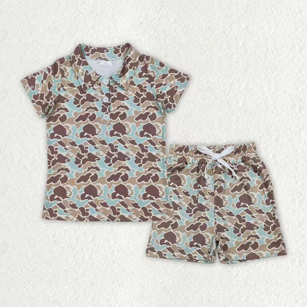 Baby Boys Southern Green Camo Buttons Polo Pockets Shorts Clothes Sets