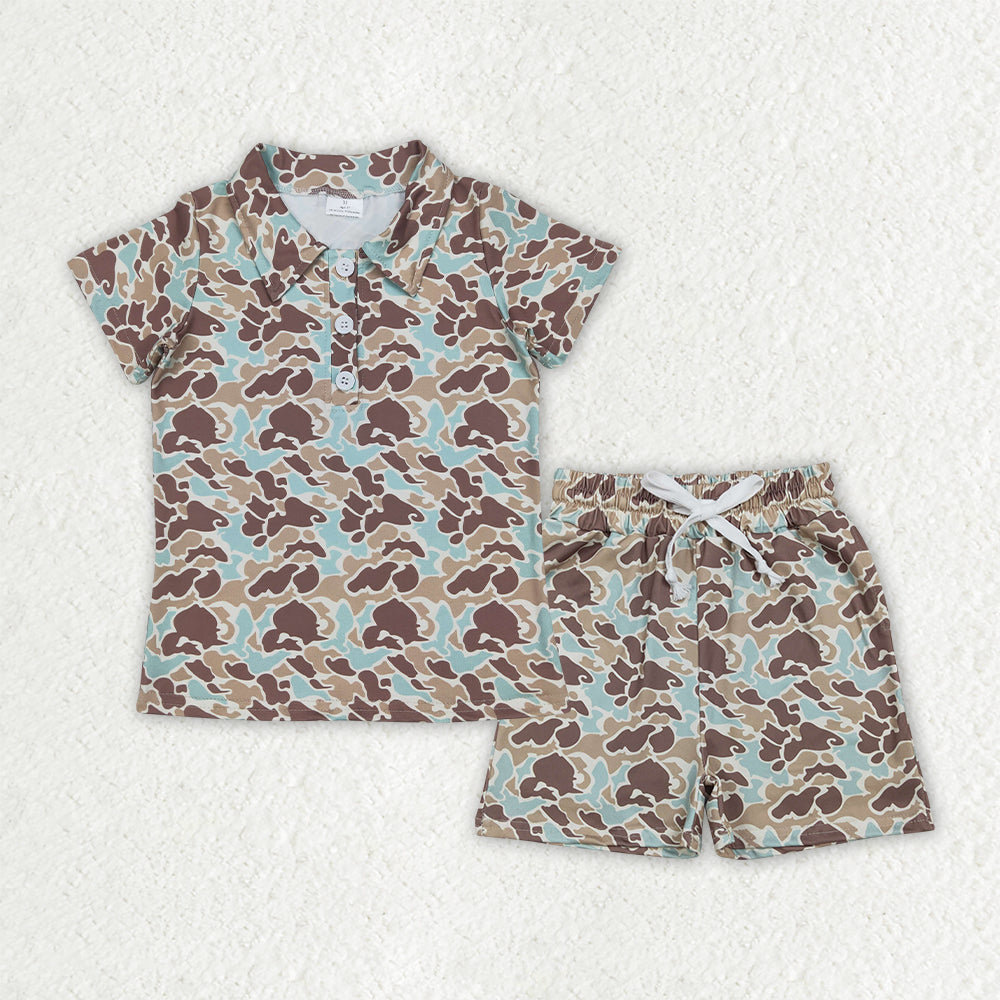 Sibling Baby Boys Southern Khaki Camo Polo Hoodie Tops Pockets Shorts Set Shorts Rompers