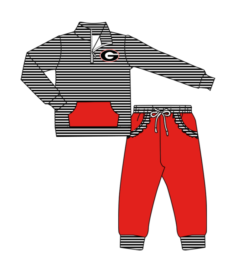 Preorder (moq 5)Baby Girls Black Stripe G Zip Pullover Pockets Jogger Team Clothes Sets