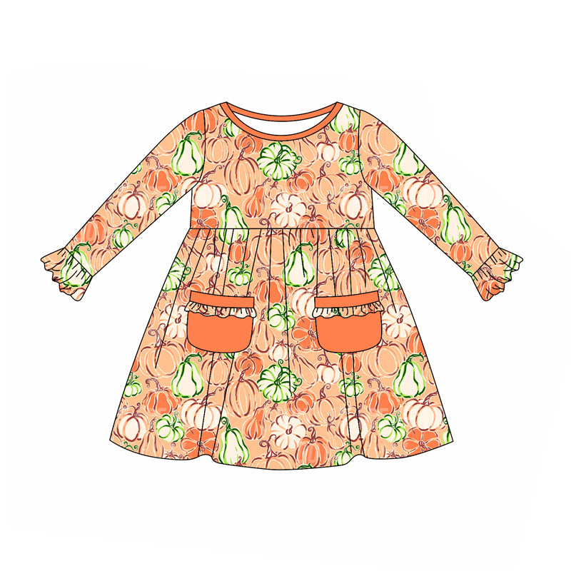 Preorder (moq 5)Baby Girls Orange Long Ruffle Sleeves Pumpkins Pockets Knee Length Dress