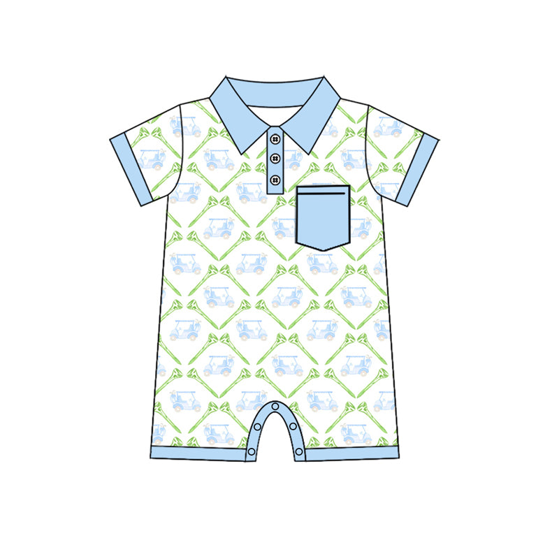 Preorder(moq 5)Baby Infant Boys Short Sleeves Button Pocket Blue Golf Trucks Rompers