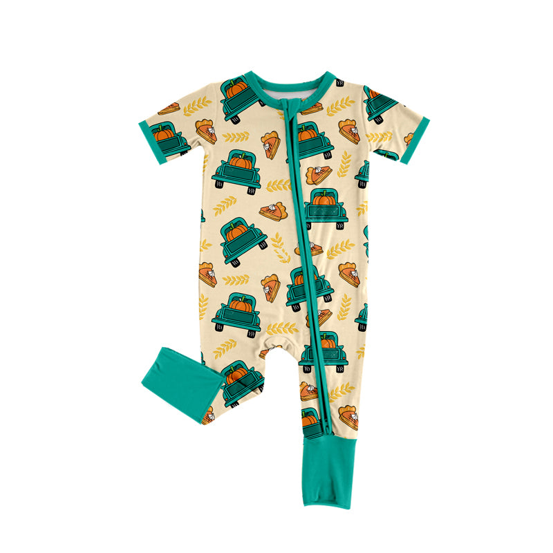 Preorder moq 5 Baby Infant Boys Short Sleeves Truck Pumpkins Pie Plaid Zipper Romper