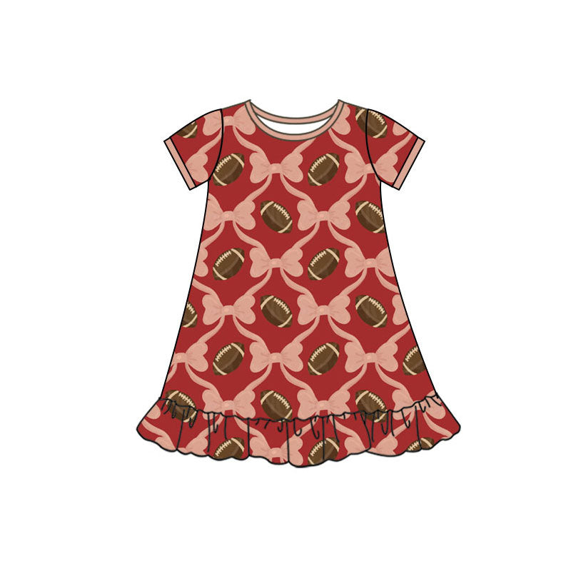 Preorder(moq 5) Baby Girls Short Sleeve Bows Footballs Checked Team Ruffle Knee Length Dresses
