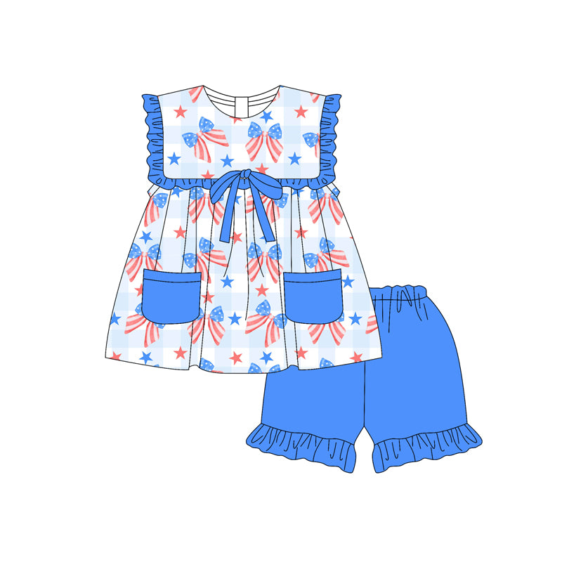 Preorder (moq 5)Baby Girls Blue Sleeveless Stars Bows Pockets Tunic Ruffle Shorts 4th Of July Set