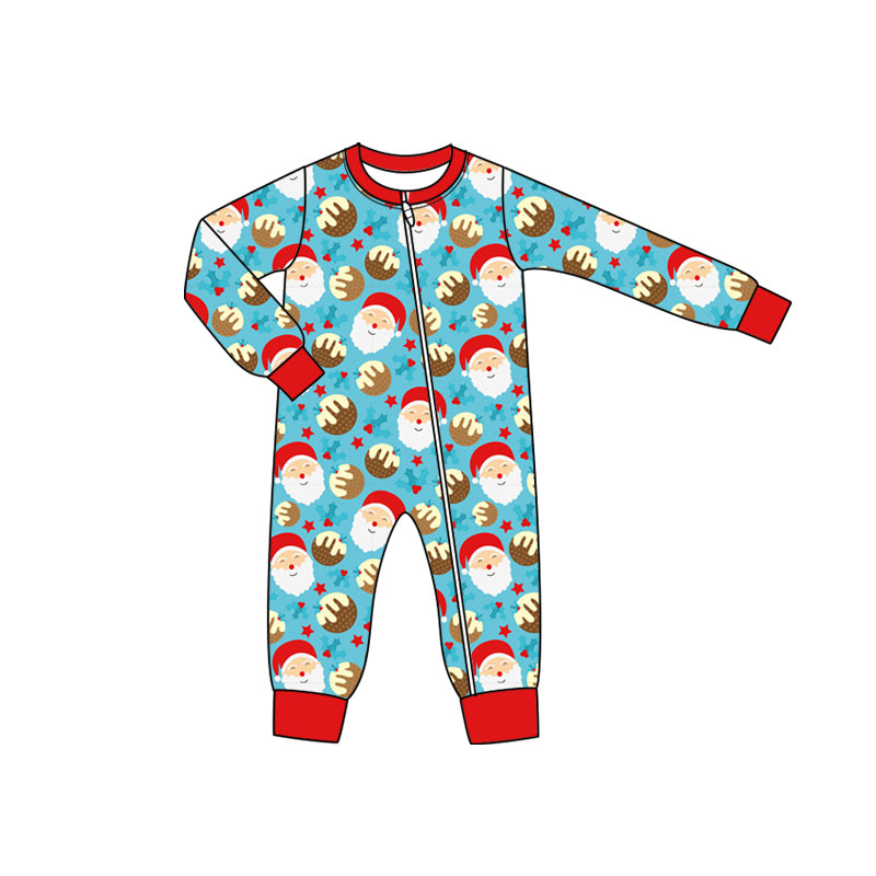 Preorder moq 5 Baby Infant Boys Blue Long Sleeves Santa Cookie Stars Plaid Zipper Romper