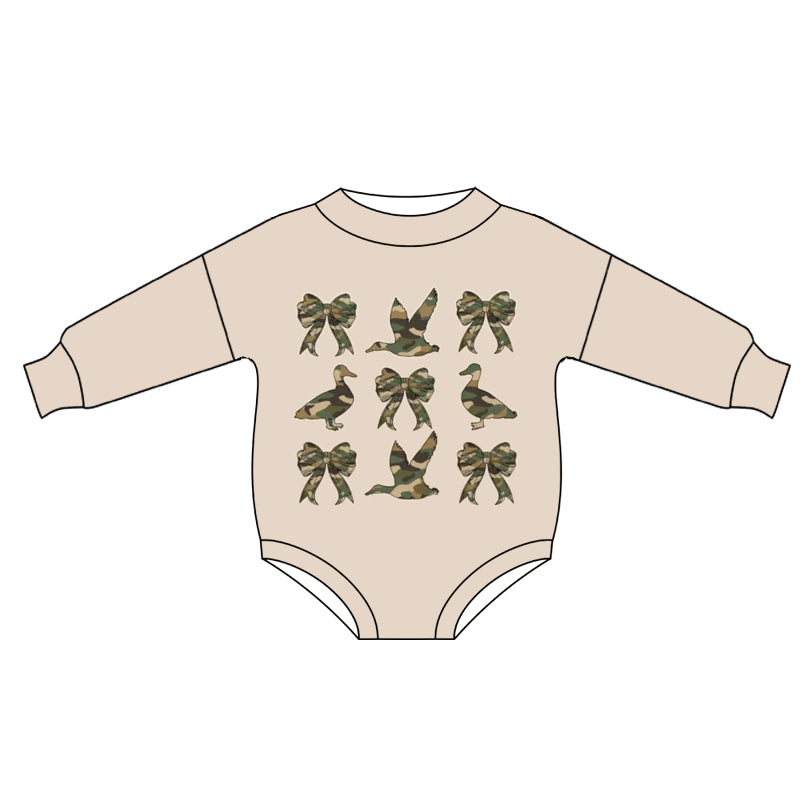 Preorder (moq 5)Baby Boys Peach Long Sleeves Camo Bows Ducks Western Rompers