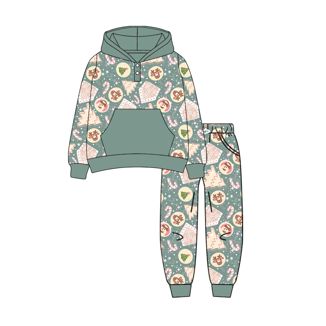 Preorder (moq 5)Baby Boys Long Sleeves Aqua Deer Trees Pocket Button Hoodies Legging Pant Sets