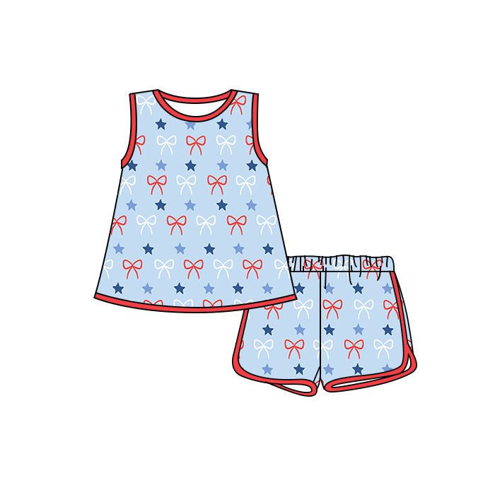 Preorder moq 5 Baby Boys Blue Sleeveless Blue Red Bows Stars Top Short 4th Of July Set