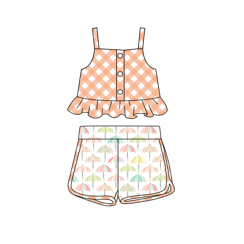Preorder (moq 5)Baby Girls Orange Checkered Straps Top Umbrella Shorts Clothes Sets