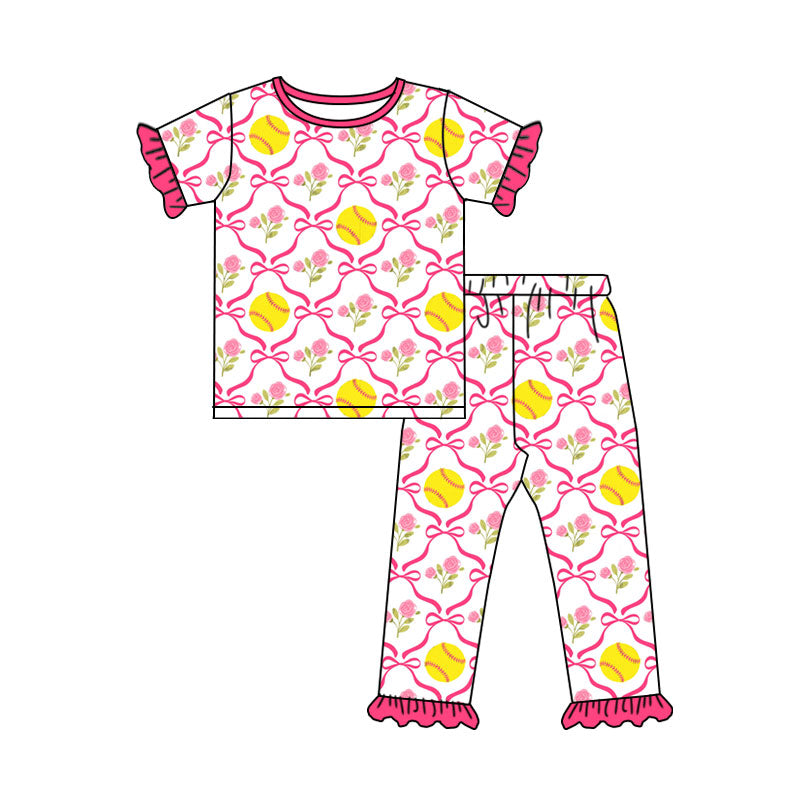 Preorder (moq 5) Baby Girl Clothes Softball Rose Bow Print Short Sleeve Ruffle Top Pant Outfit Set