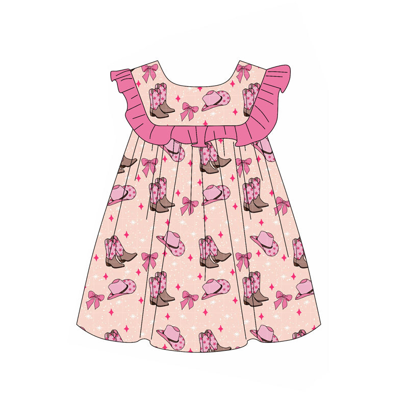 Preorder (moq 5)Baby Girls Pink Boots Bows Knee Length Dresses