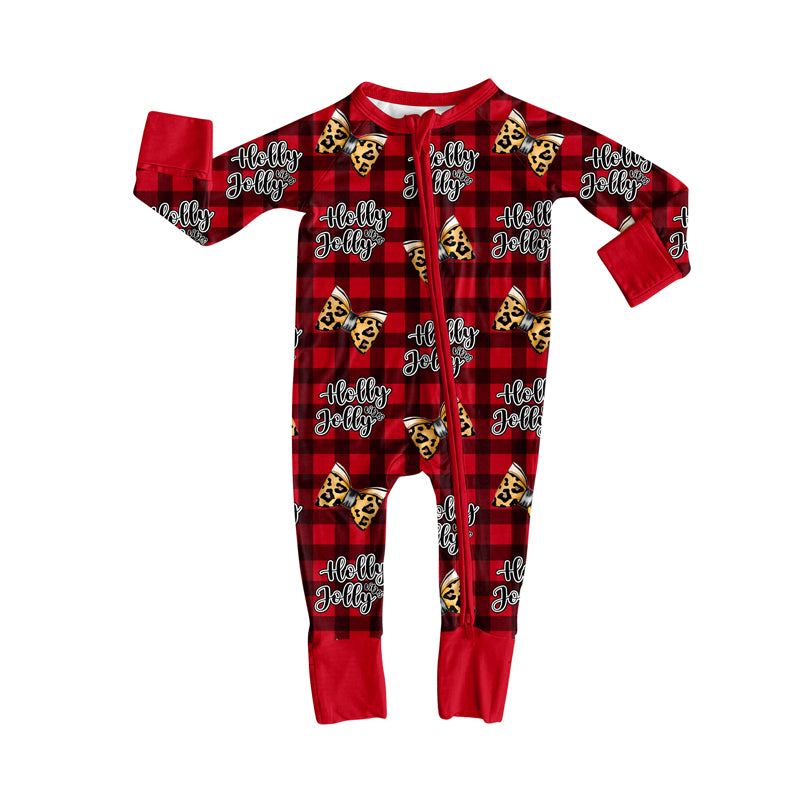Preorder(moq 5)Baby Kids Red Plaid Leopard Bows Holly Jolly Zipper Pant Rompers