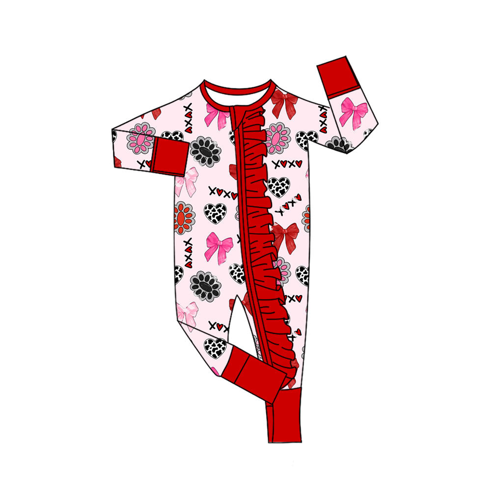 Preorder (moq 5)Baby Girls Turquoises Hearts XOXO Valentine Ruffle Zipper Footie Rompers