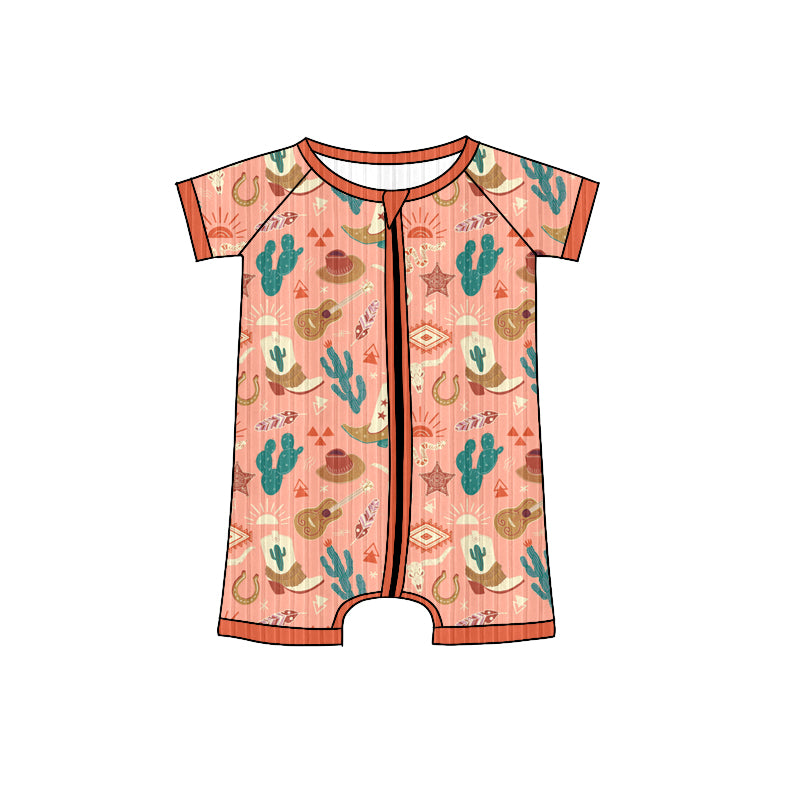 Preorder (moq 5)Baby Boys Peach Short Sleeves Guitars Cactus Zipper Shorts Rompers
