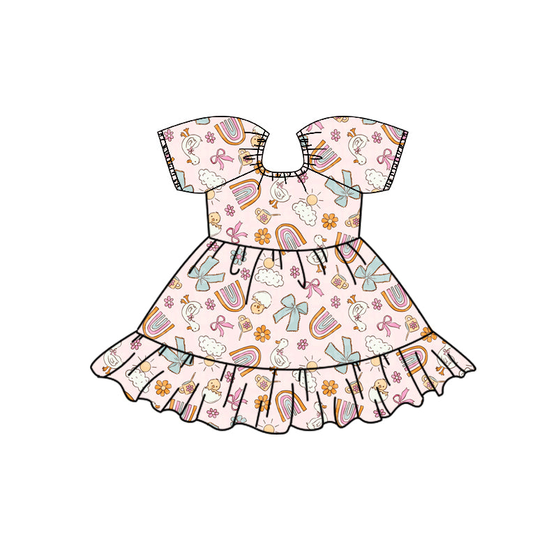 Preorder (moq 5)Baby Girls Gooses Rainbows Flowers Bows Ruffle Knee Length Dresses