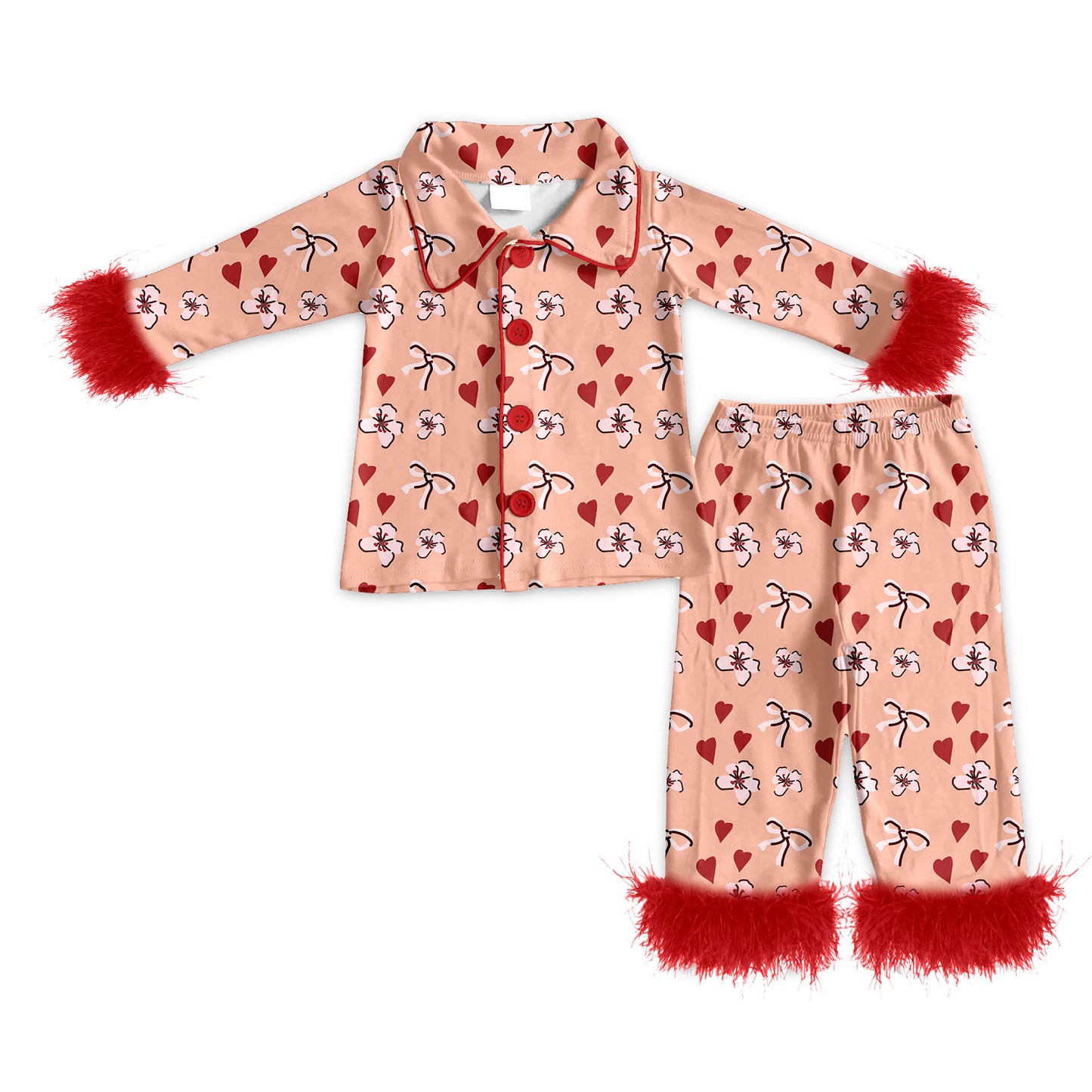 Preorder (moq 5)Baby Girls Flowers Hearts Button Top Pants Valentines Fur Sleeve Pajamas Sets