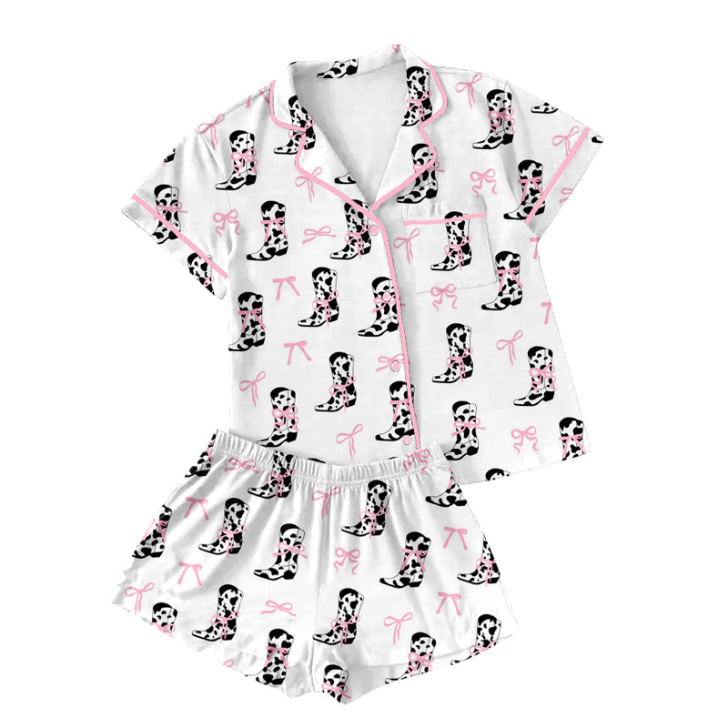 Preorder(moq 5)Adult Women Pink Cow Print Boots Bows Buttons Pocket Tee Shirts Shorts Pajamas Sets
