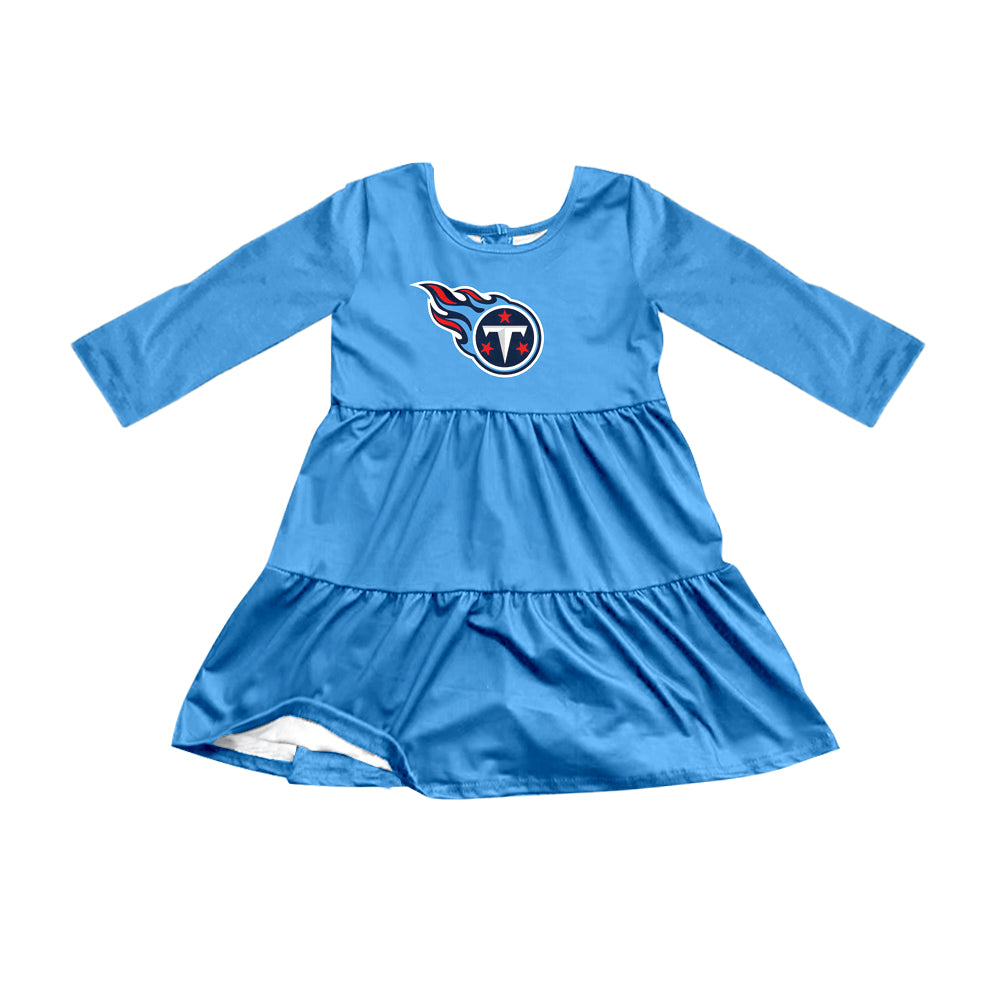 Preorder (moq 5)Baby Girls Blue Long Sleeves Stars T Shorts Team Knee Length Dresses