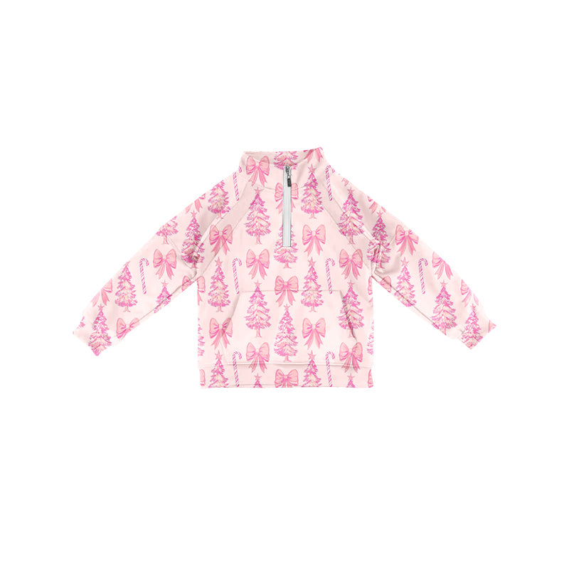 Preorder (moq 5)Baby Girls Long Sleeves Pink Bows Trees Candy Cane Pocket Zipper Pullovers Top