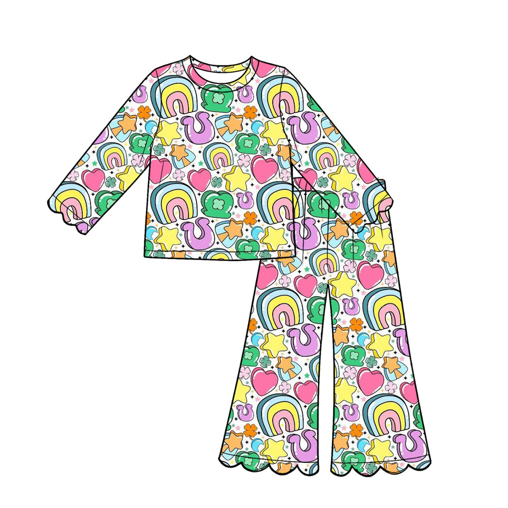 Preorder (moq 5) Baby Girl Cartoon Rainbow Lucky Clover Print Long‑Sleeve Top Scalloped Flare Pants Set