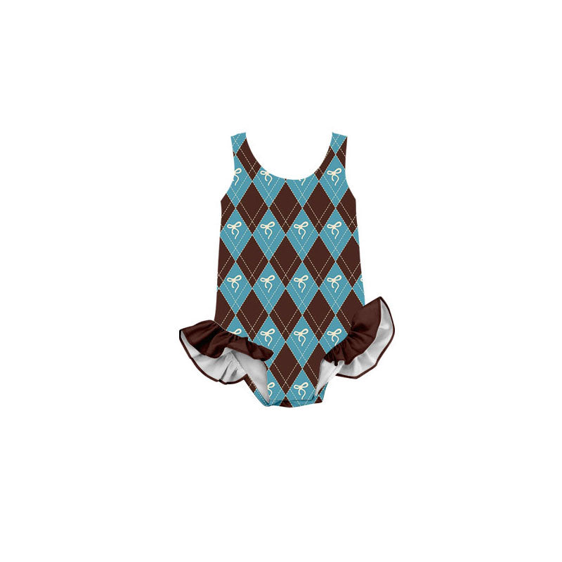 Preorder(moq 5) Baby Girls Brown Blue Checked Bows Ruffle Swimsuits