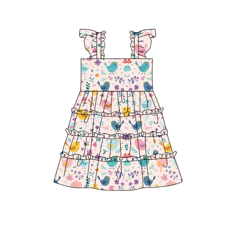 Preorder(moq 5) Baby Girls Colorful Birds Floral Patchwork Knee Length Dresses