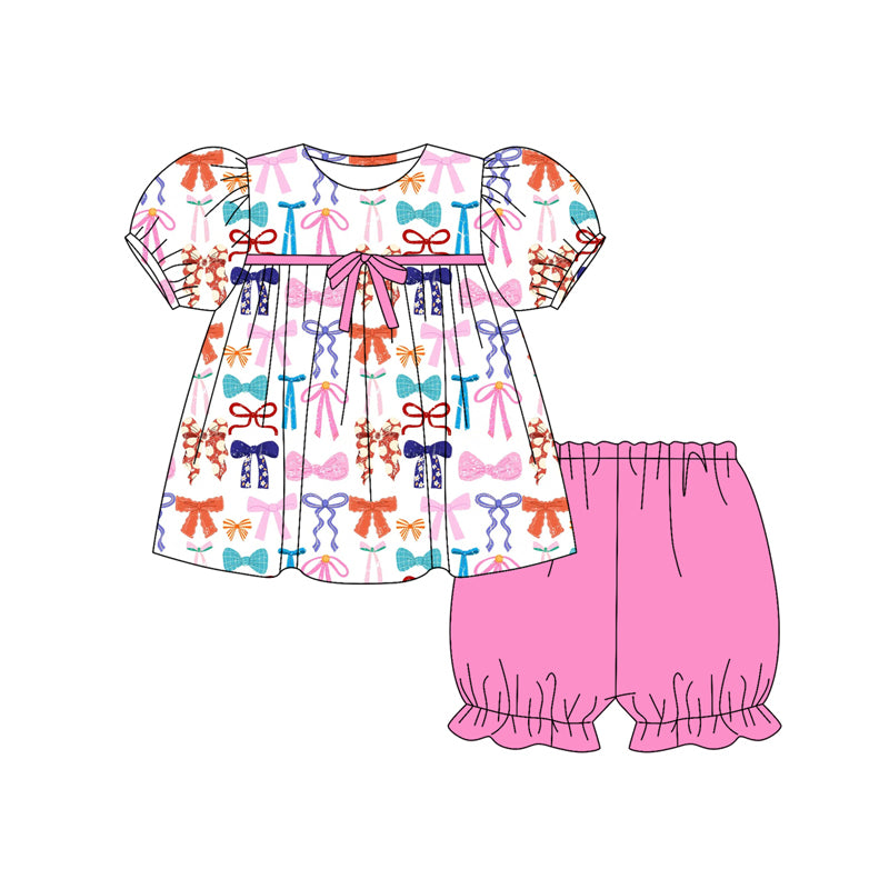 Preorder (moq 5)Baby Girls Short Ruffle Sleeves Colorful Bows Plaid Tunic Shorts Set