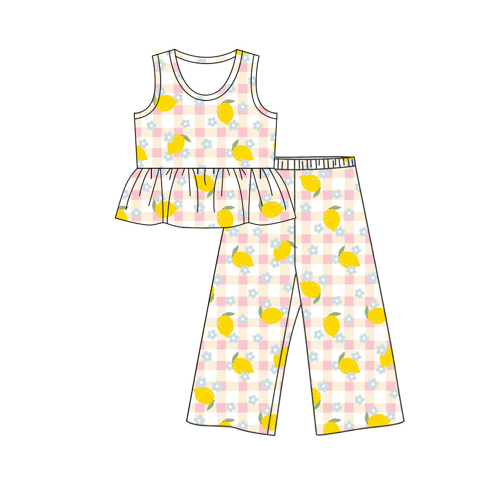 Preorder (moq 5)Baby Girls Lemon Flowers Tunic Flare Pant Clothes Sets