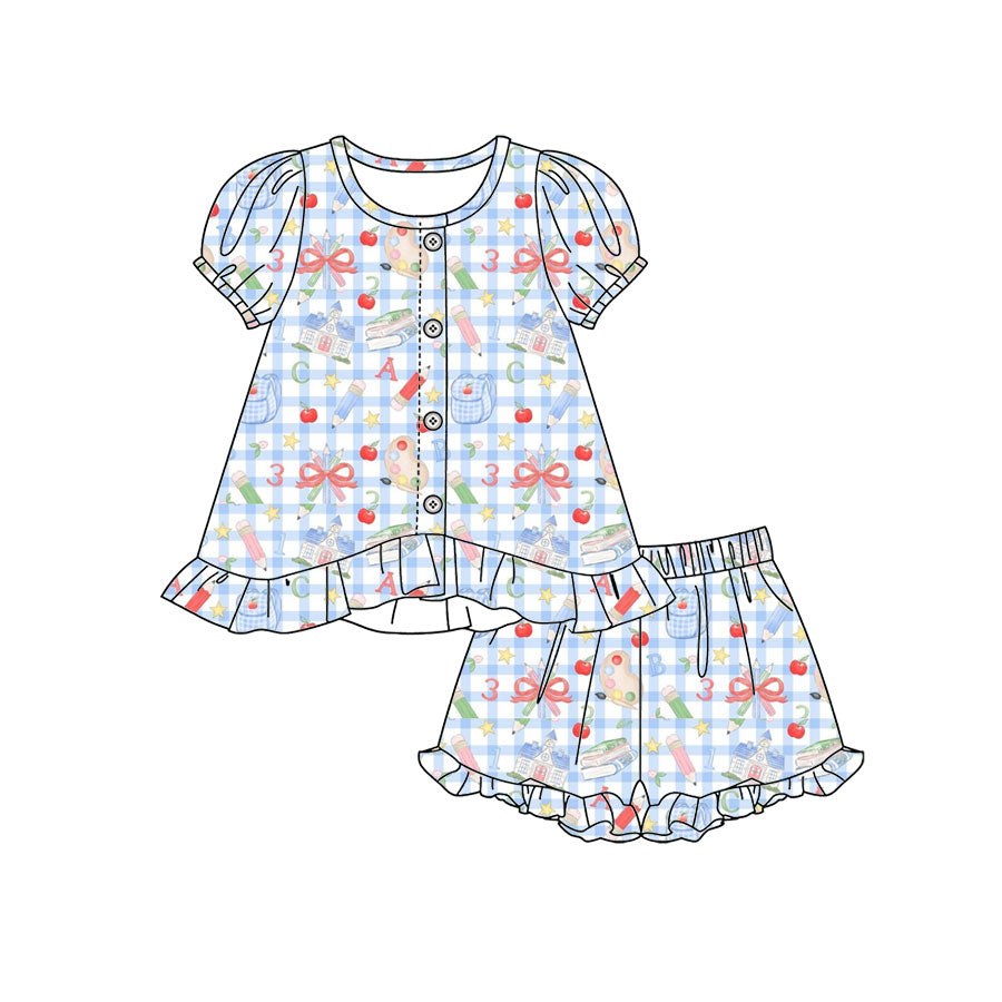 Preorder moq 5 Baby Girls ABC Pencils Button Tunic Ruffle Shorts Clothes Set