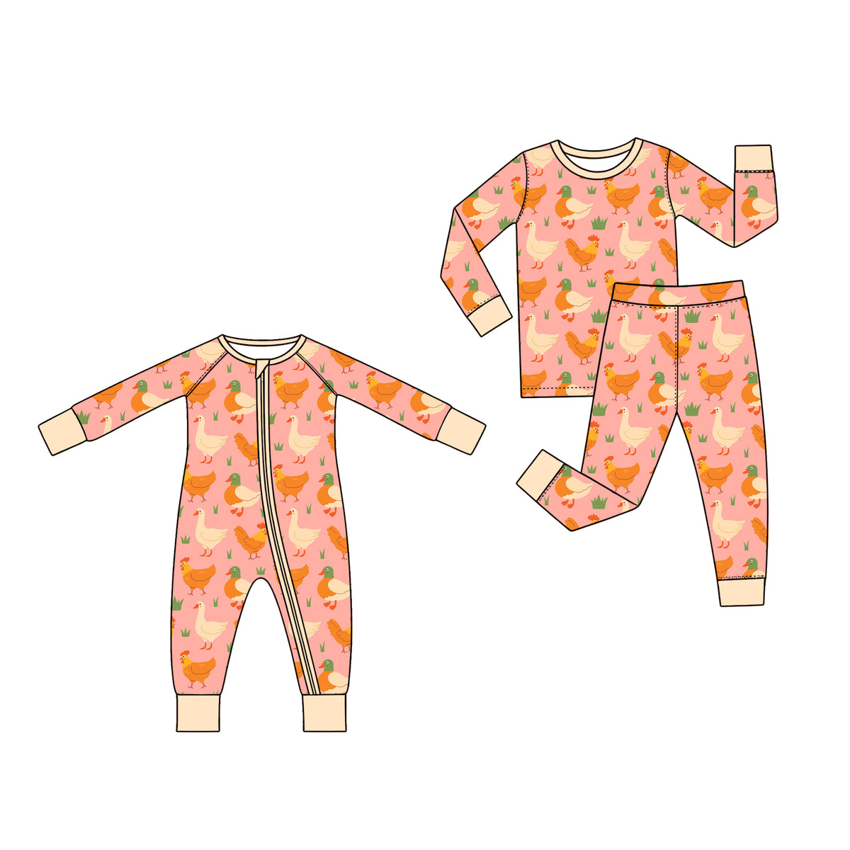 Preorder (moq 5) Baby Girl Clothes Farm Chicken Duck Mixed Print Long Sleeve Kids Pajama Set