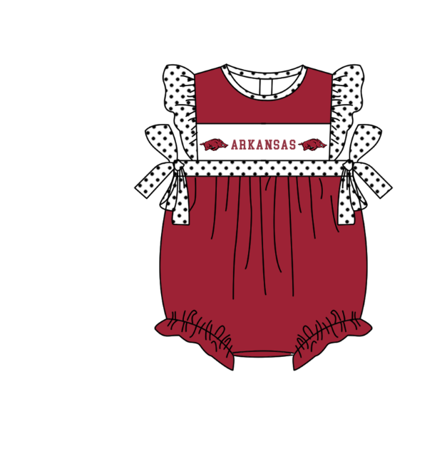 Preorder (moq 5)Baby Girls Polka Dots Flutter Sleeve Arkansas Team Ruffle Rompers