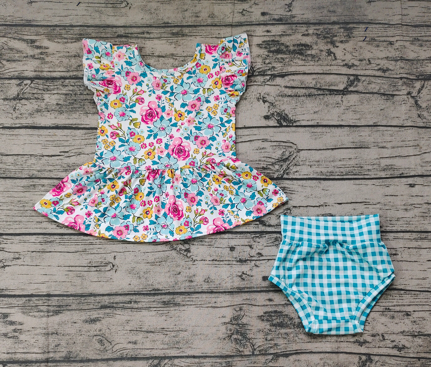 Baby Girls Blue Flowers Top Checkered Bummies Clothes Sets