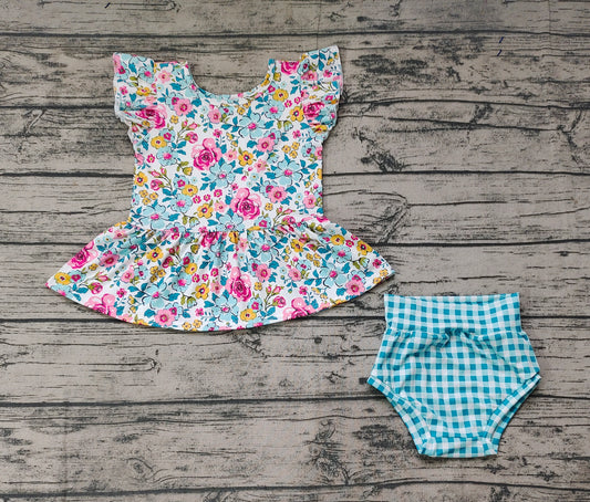 Baby Girls Blue Flowers Top Checkered Bummies Clothes Sets