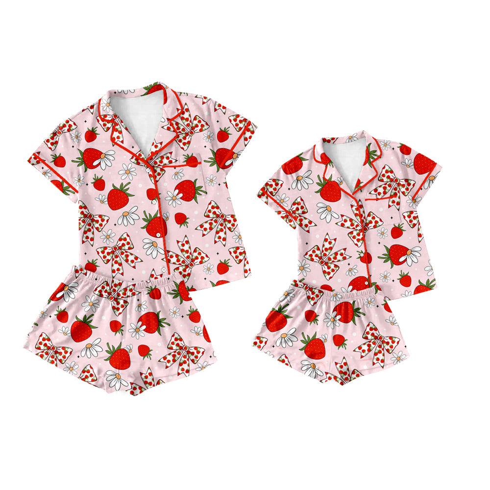 Preorder moq 5 Custom Mama And Me Pink Bows Strawberry Button Pocket Top Short Pajamas Set