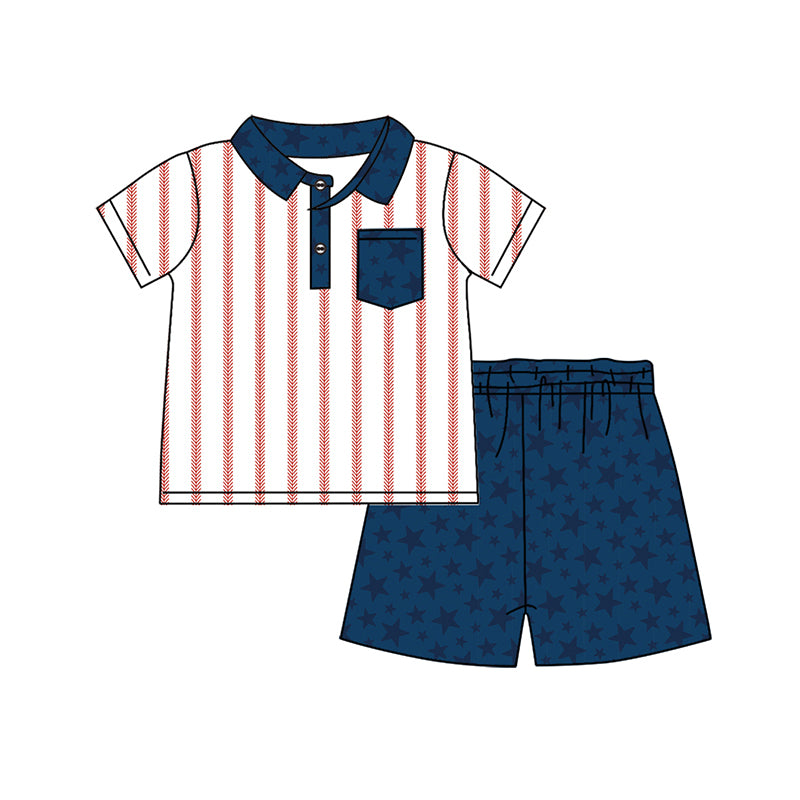 Preorder (moq 5)Baby Boys Stripes Baseball Pocket Top Stars Shorts Clothes Sets