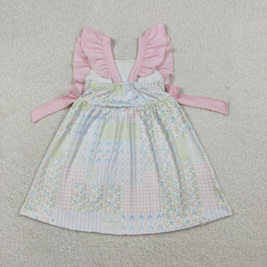 Baby Girls Flutter Sleeve Pink Flowers Checked Knee Length Dresses