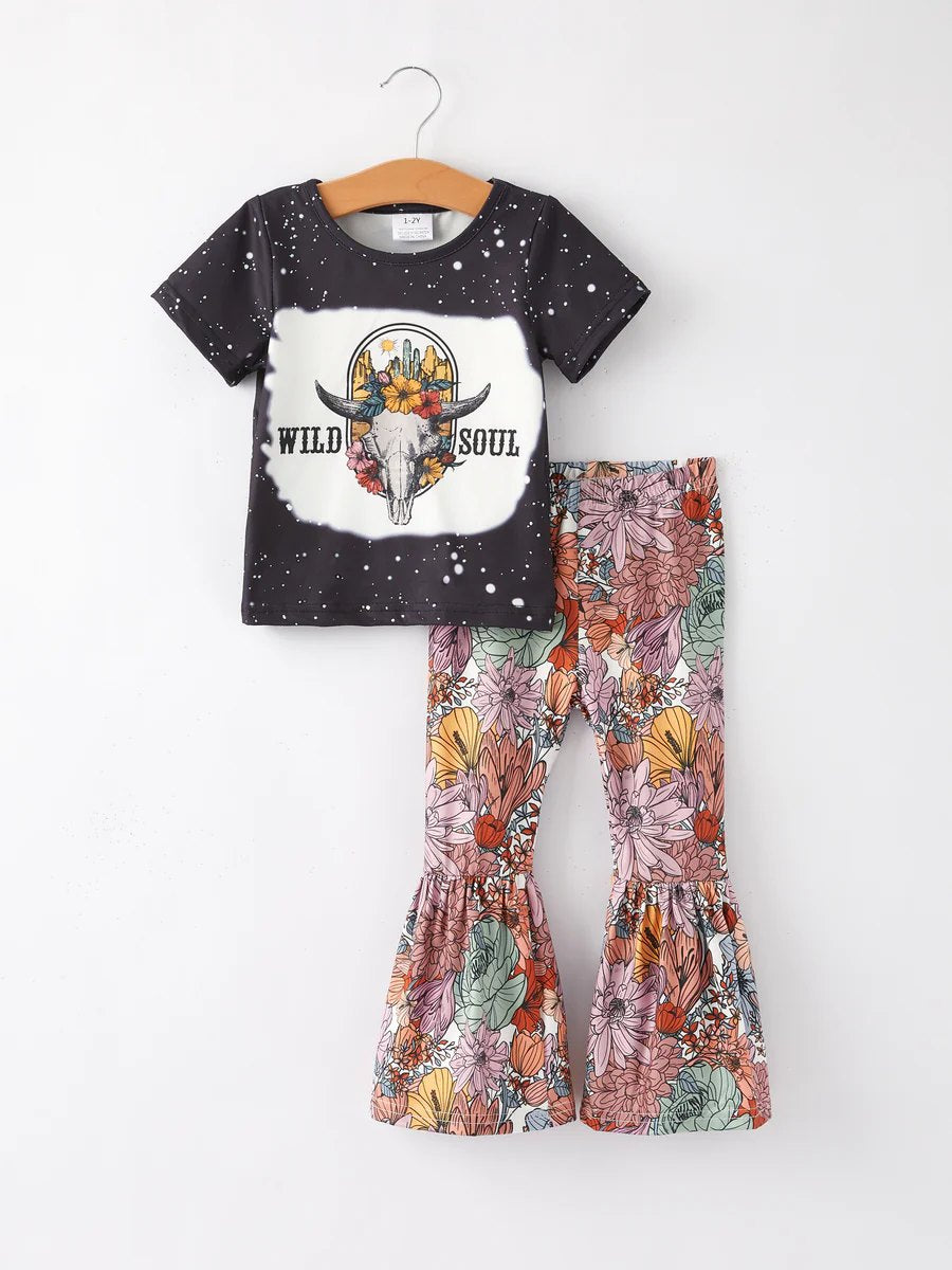 Preorder (moq 5)Baby Girls Wild Soul Cow Shirt Bell Pants Clothes Sets