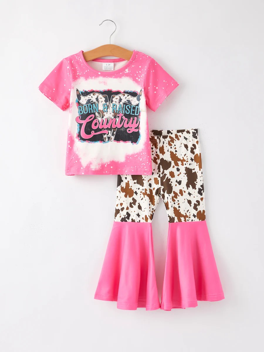 Preorder (moq 5)Baby Girls Born raised Country Pink Shirt Bell Pants Clothes Sets