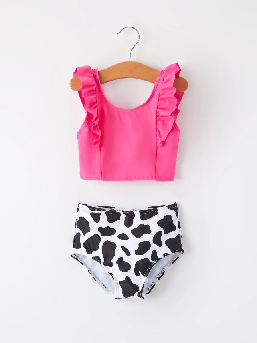 Preorder (moq 5)Baby Girls Western Pink 2pcs Top Cow Bummie Swimsuits