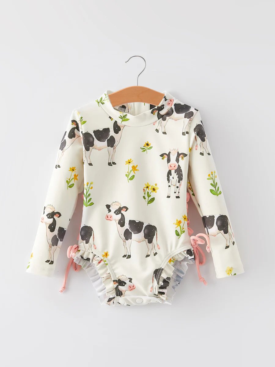 Preorder (moq 5)Baby Girls Western Cow Flowers Long Sleeve Bikini One Piece Swimsuits