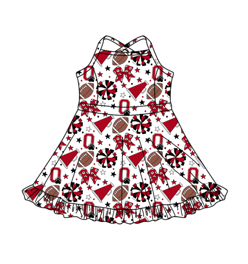 Preorder (moq 5)Baby Girls Strap Bows Stars Footballs Team Shorts Ruffle Knee Length Dress