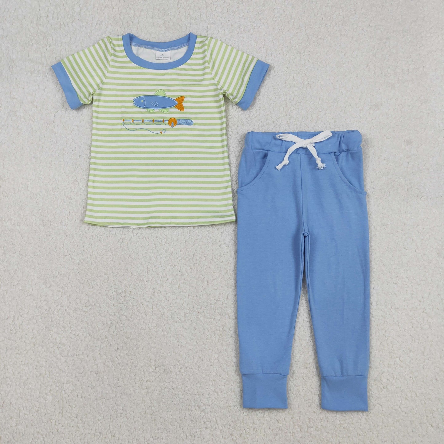 Embroidery Fishing Baby Boys Stripe Top Pockets Leggings Hunting Clothes Sets