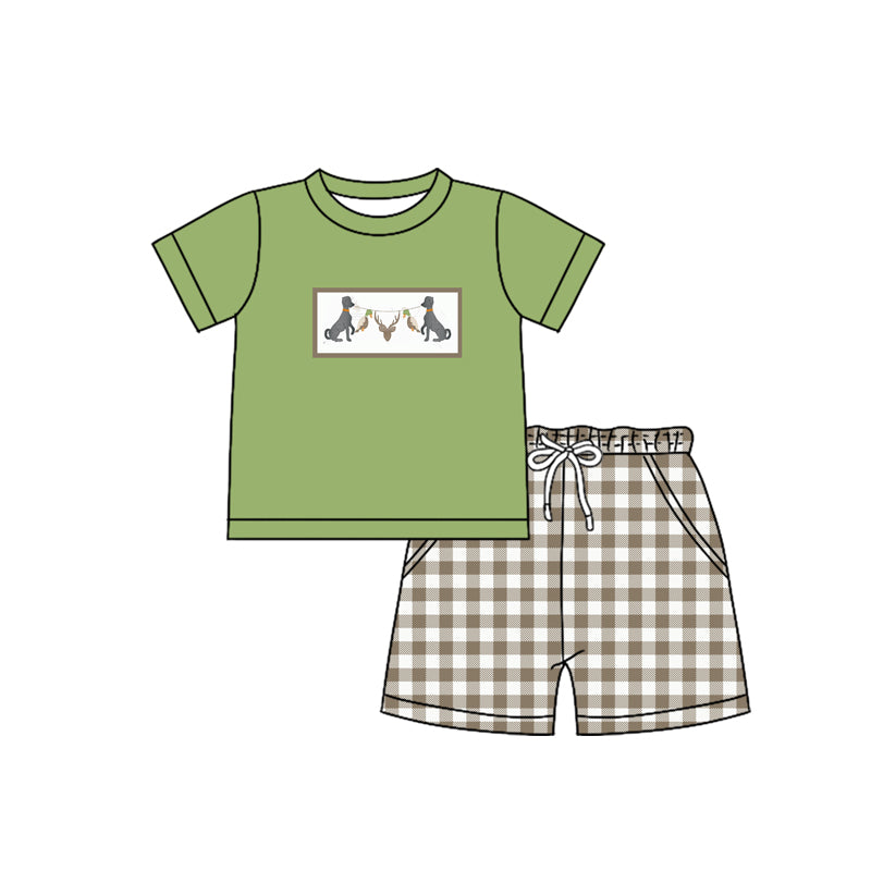 Preorder (moq 5)Baby Boys Green Short Sleeves Duck Dog Deer Top Pockets Plaid Short Set