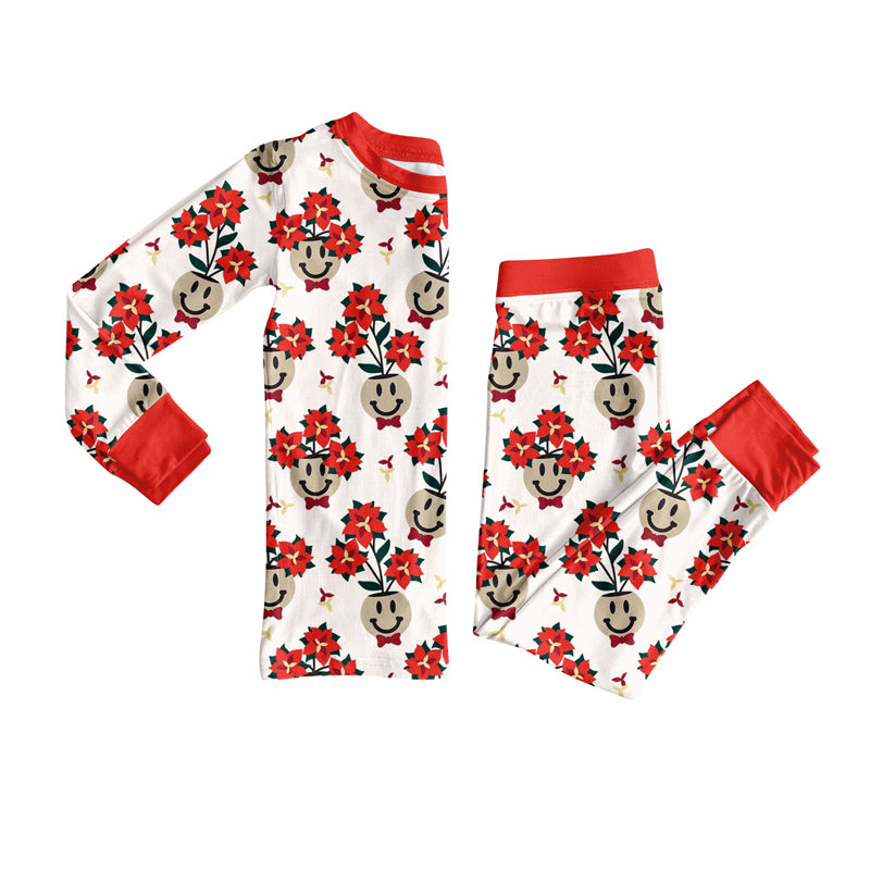 Preorder (moq 5)Baby Girls Long Sleeves Red Flowers Smiles Plaid Top Pants Pajamas Set