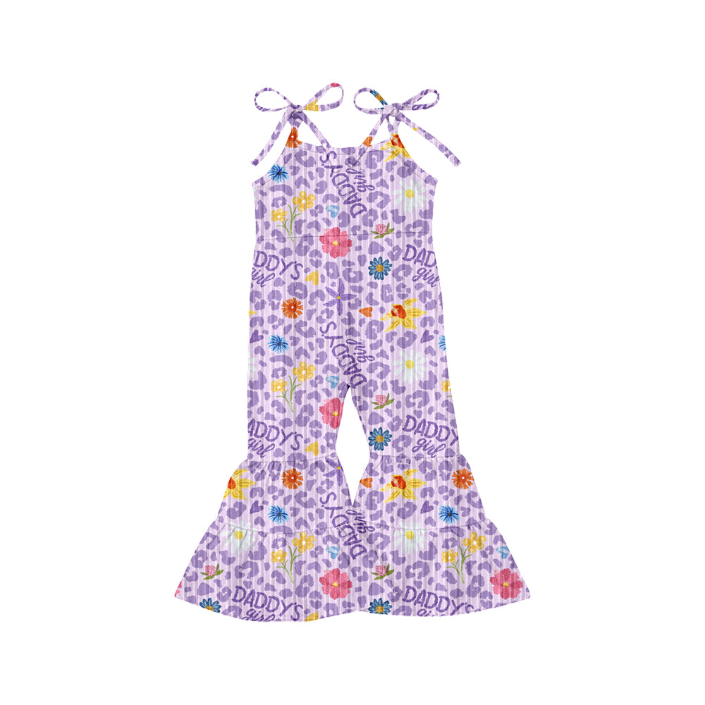 Preorder (moq 5)Baby Girls Lavender Bows Strap Daddy's Girls Flowers Leopard Bell Bottom Jumpsuits
