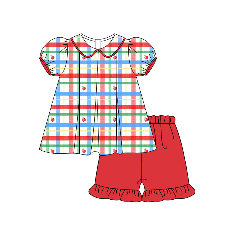 Preorder (moq 5)Baby Girls Red Short Ruffle Sleeves Plaid Apples Tunic Short Set Preorder