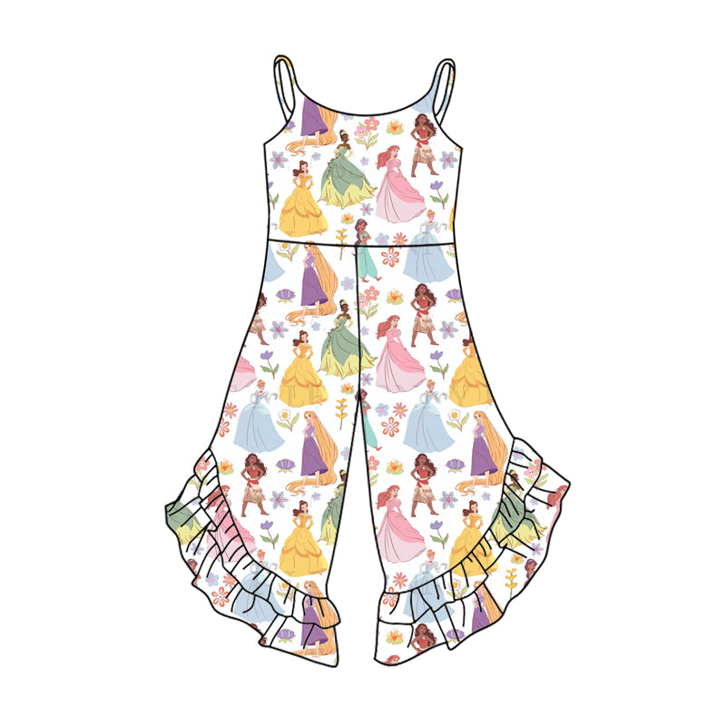 Preorder (moq 5)Baby Girls Strap Cartoon Princess Flowers Bell Bottom Jumpsuits
