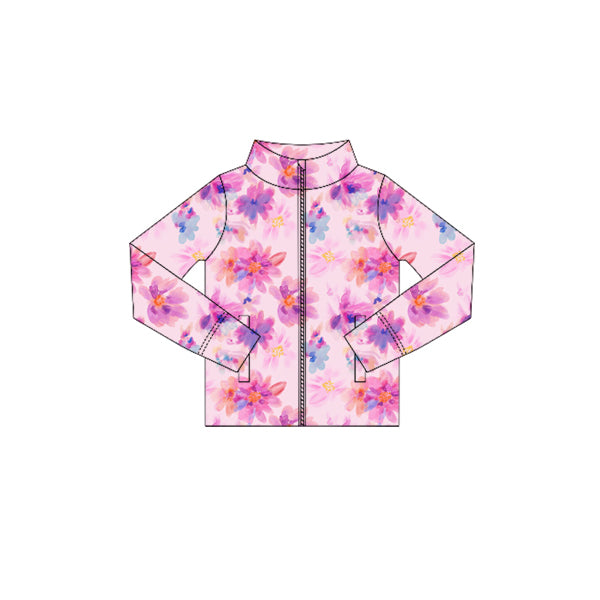 Preorder (moq 5)Baby Girls Pink Long Sleeves Watercolor Flowers Zipper Pockets Jackets Top