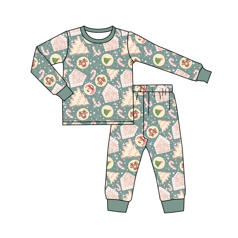 Preorder (moq 5)Baby Boys Aqua Long Sleeves Deer Trees Plaid Top Pant Pajamas Sets