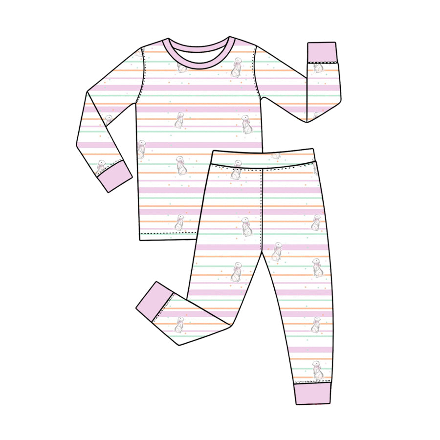 Preorder (moq 5) Baby Girl Clothes Easter Pastel Stripe Bunny Print Long Sleeve Pajama Set